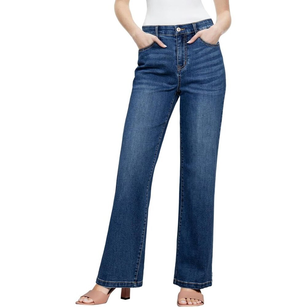 Women's Wide Leg Jeans High Waisted Elastic Waist Straight Leg Denim Pants